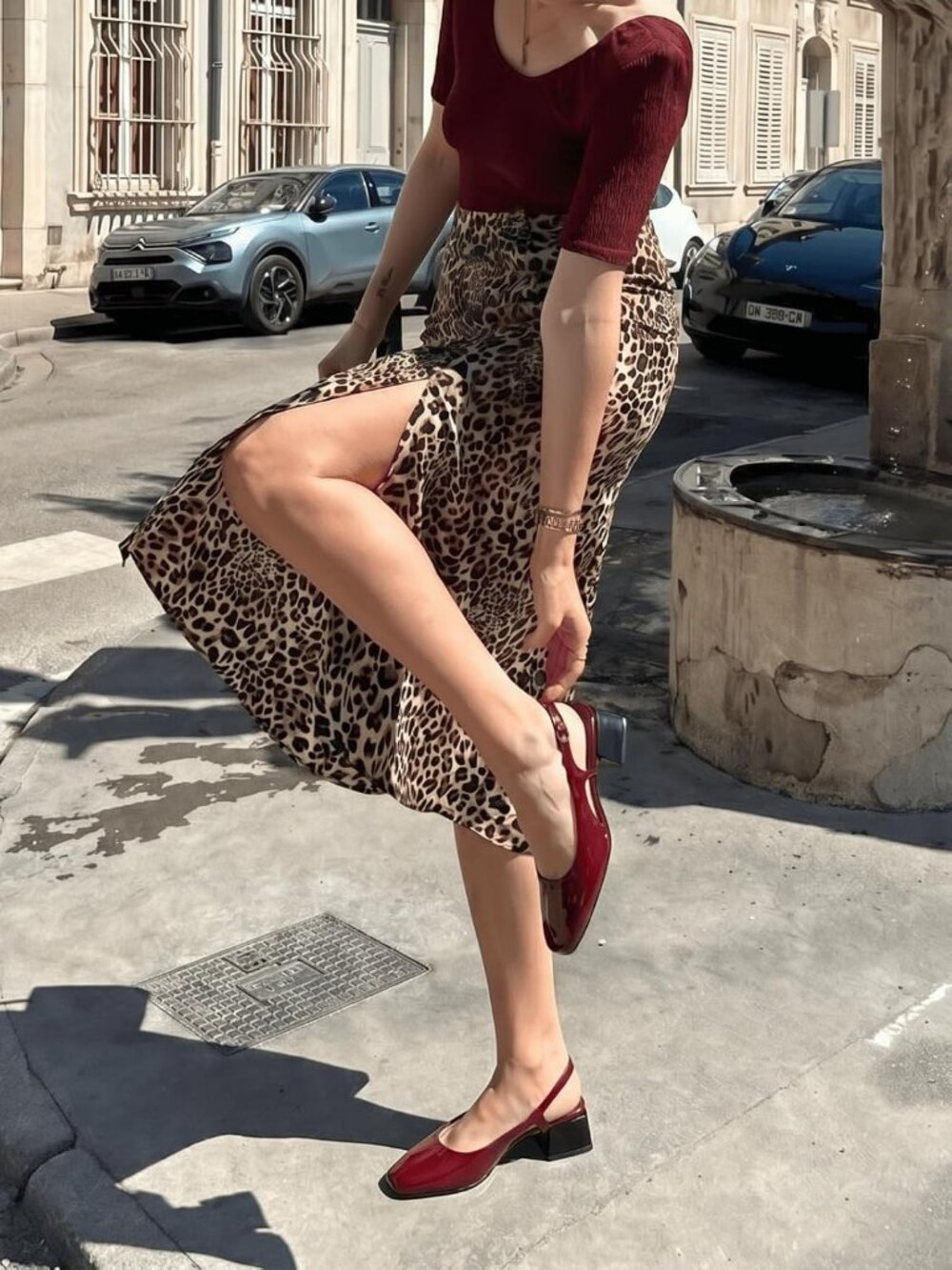 Women's Burgundy Slingback Chunky Low Heels Closed Square Toe Pumps Work Shoes - Picture 3 of 6